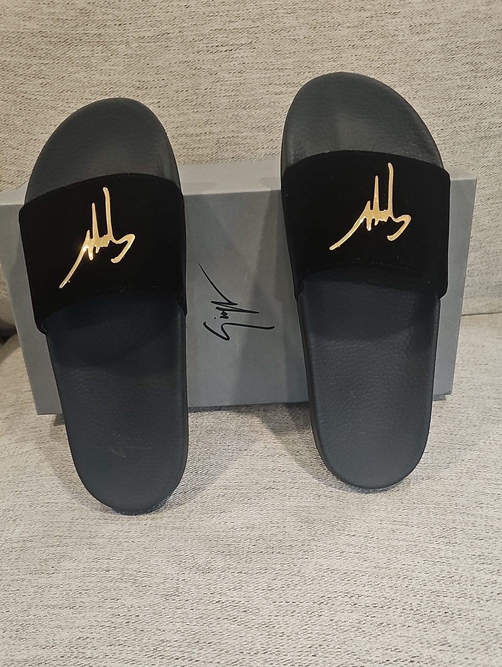Giuseppe Zanotti Black Slide Sandals with Gold Signature Accent Size 42 In Box